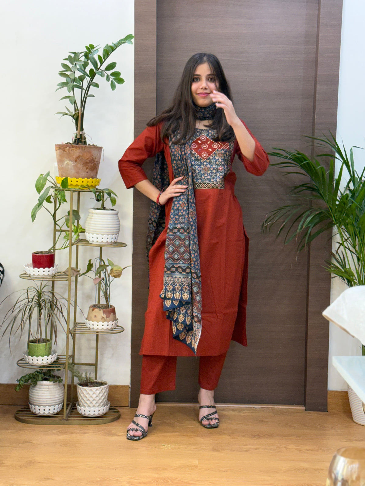 Rust Cotton Ajrakh Dupatta Suit Set