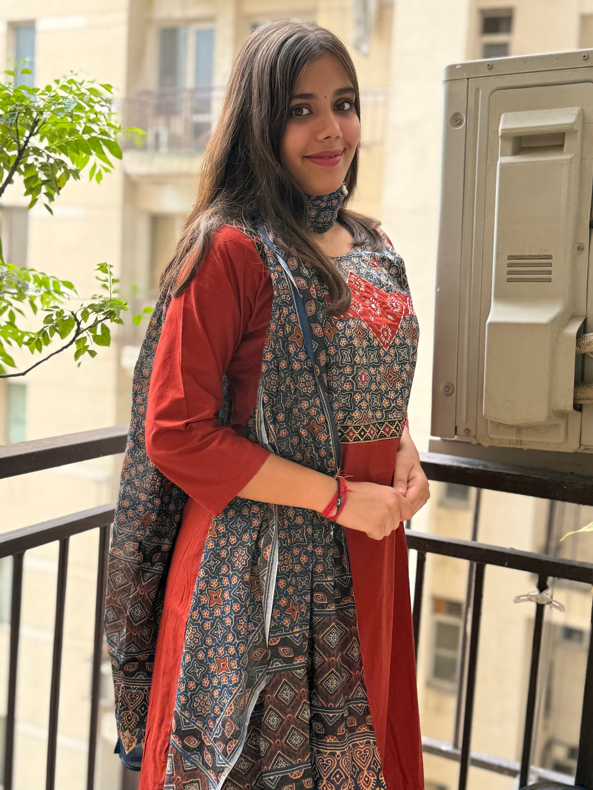 Rust Cotton Ajrakh Dupatta Suit Set
