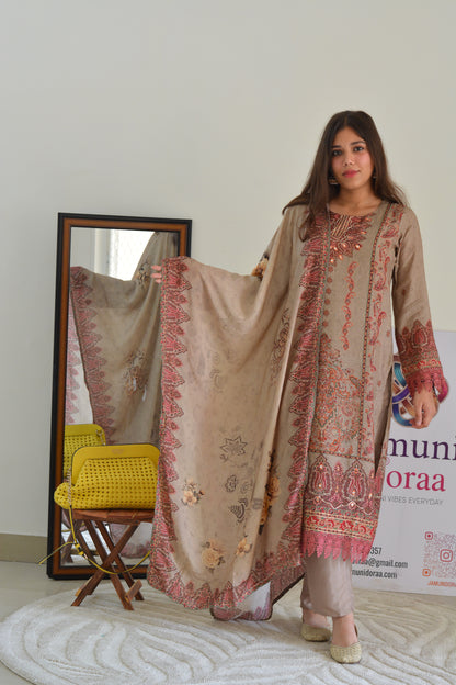 Dark Beige Dola Silk Pakistani Style Suit Set