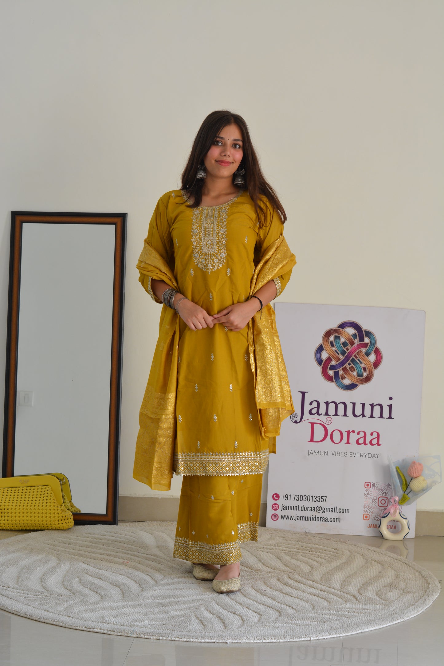 Mustard Shimmer Silk Palazzo with Banarasi Dupatta Suit Set