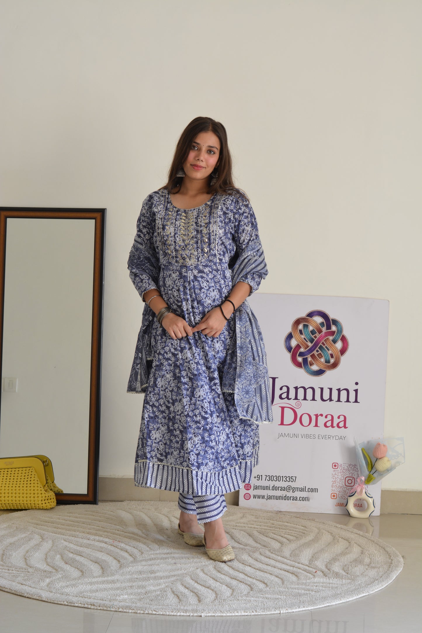 Blue Cotton Anarkali Style With Dupatta Suit Set