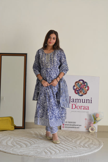 Blue Cotton Anarkali Style With Dupatta Suit Set