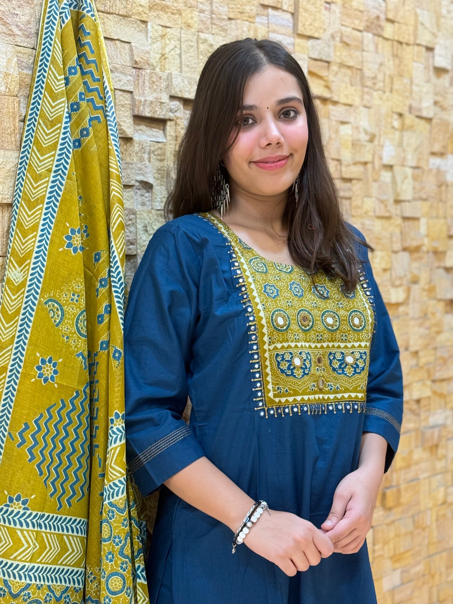 Peacock Blue Ajrakh Cotton Suit Set