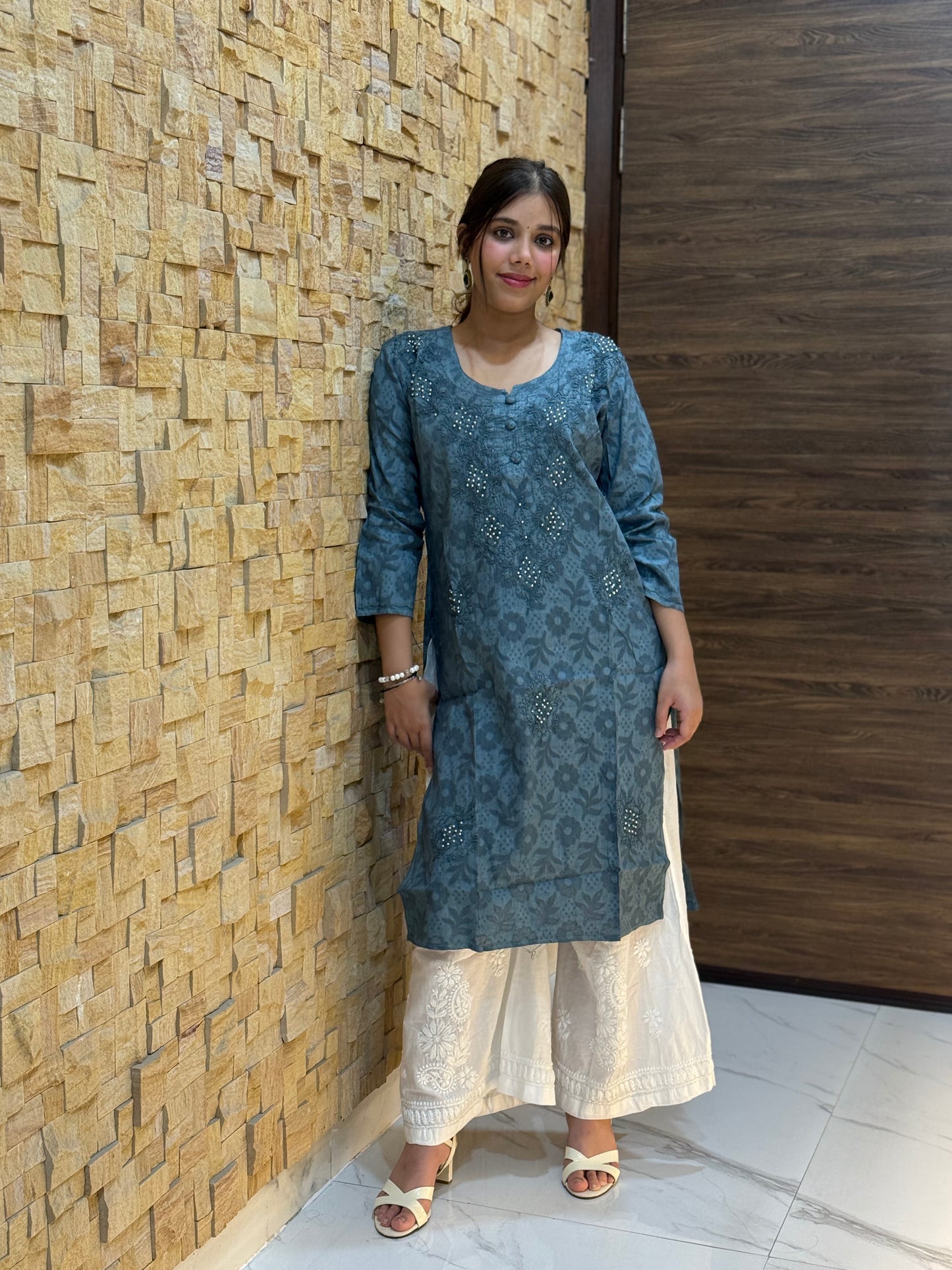 Grey Cotton Chikankari Kurti