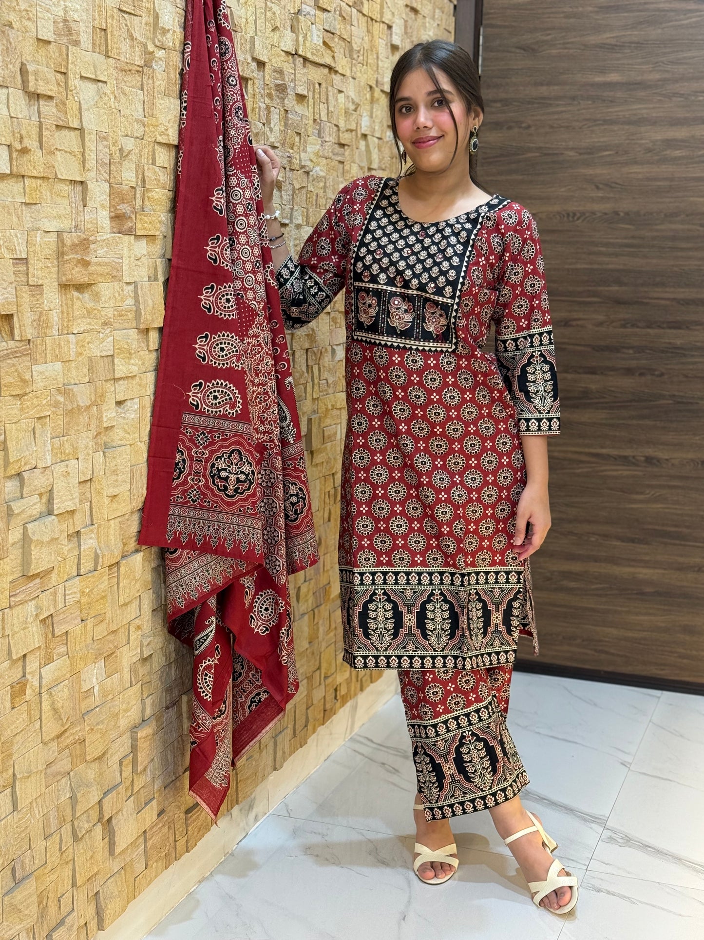 Maroon Ajrakh Cotton Suit Set