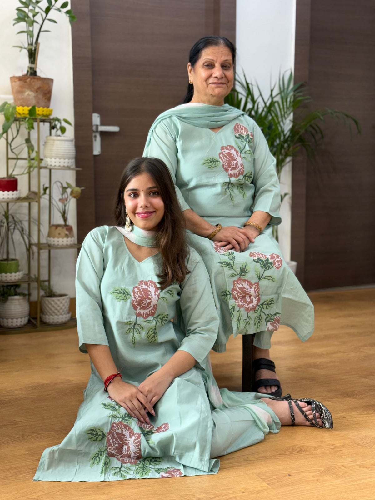 Sage Green Silk Sindhi Embroidery Dupatta Suit Set