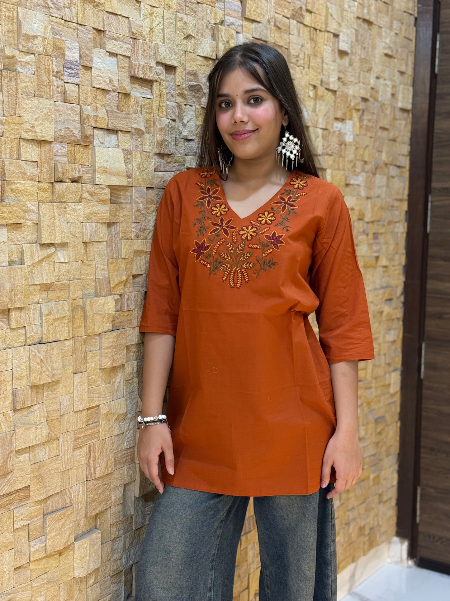 Rust Cotton with Embroidery Short Kurti