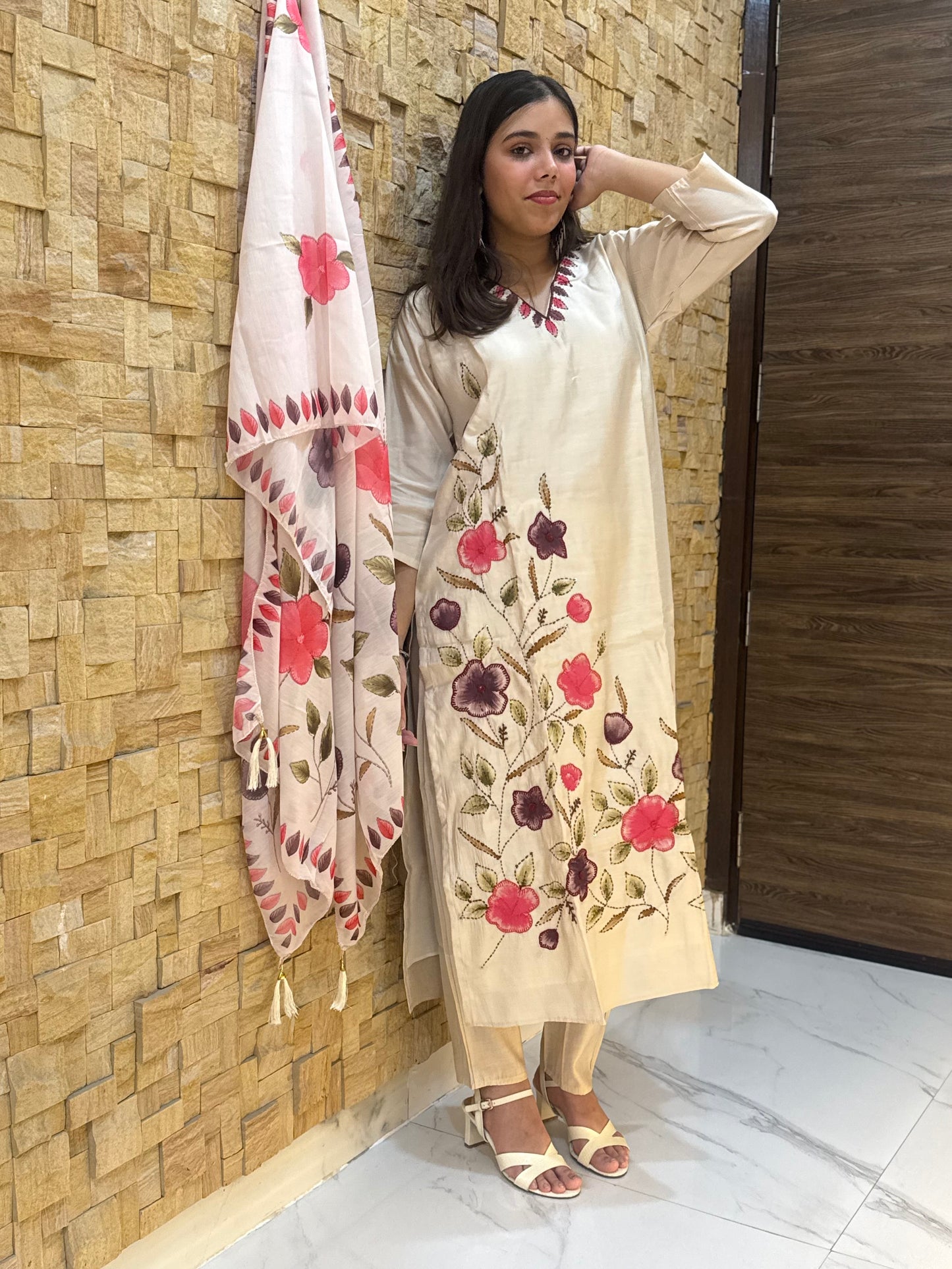 Beige Kantha Embroidery Silk with Dupatta Suit Set