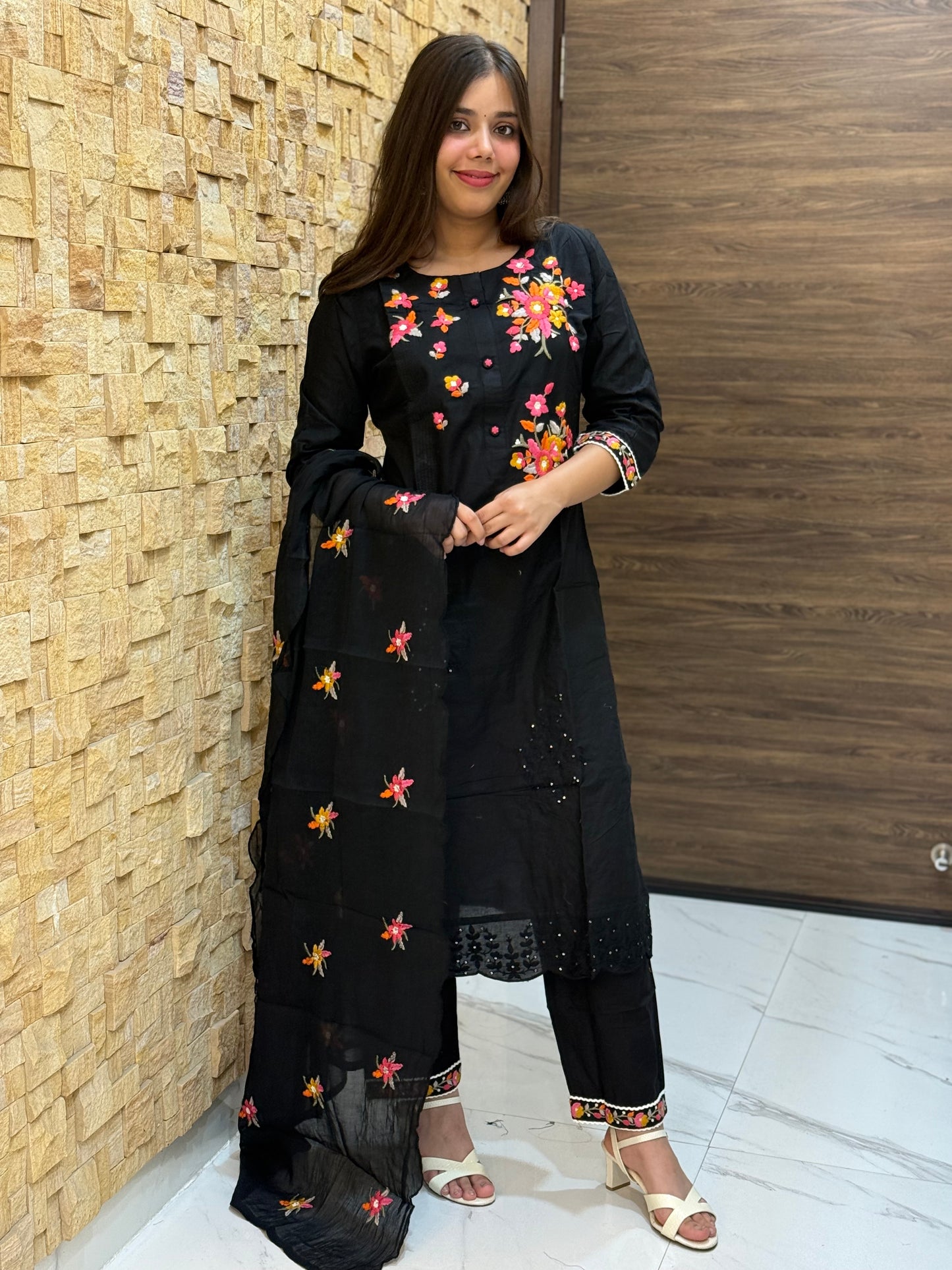 Black Pure Cotton Embroidery with Mal Dupatta Suit Set
