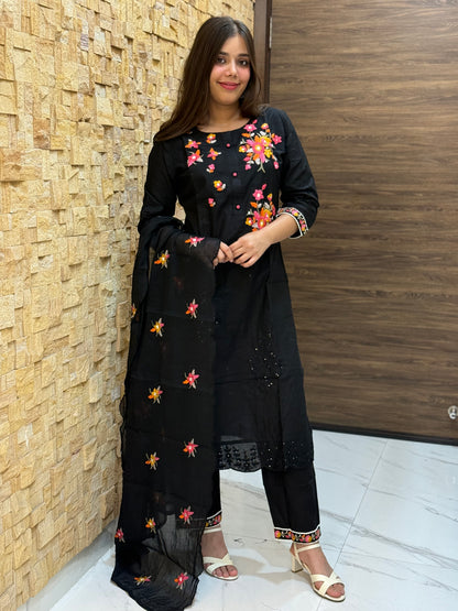 Black Pure Cotton Embroidery with Mal Dupatta Suit Set