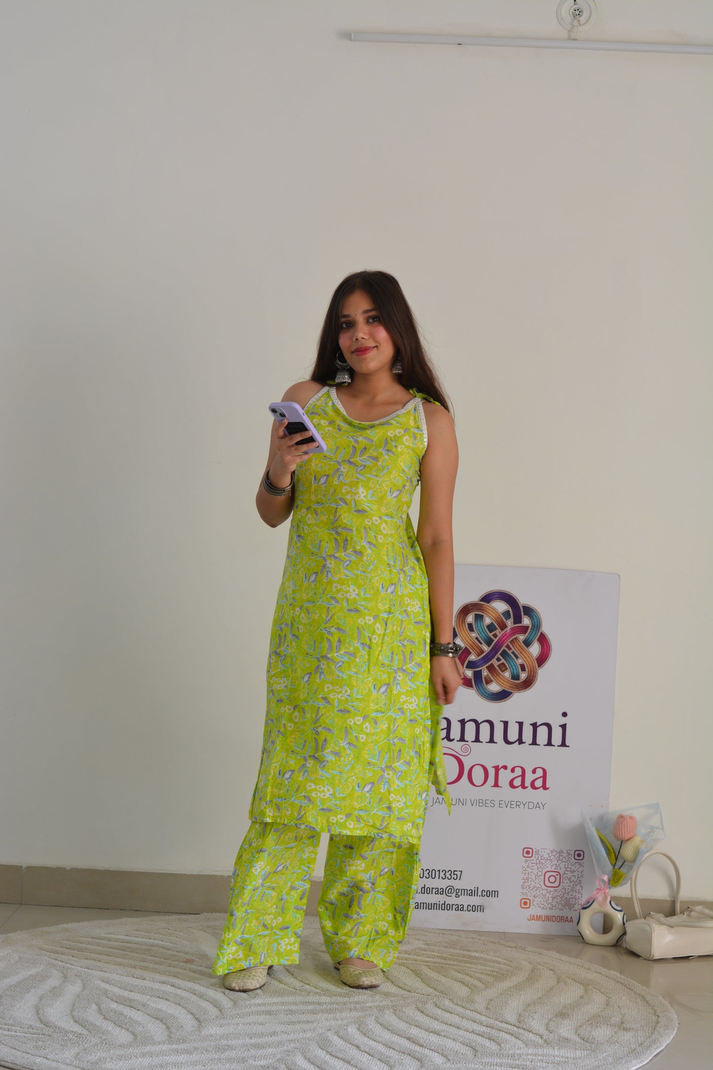 Green Cotton with Tie Knot Details Co Ord Set