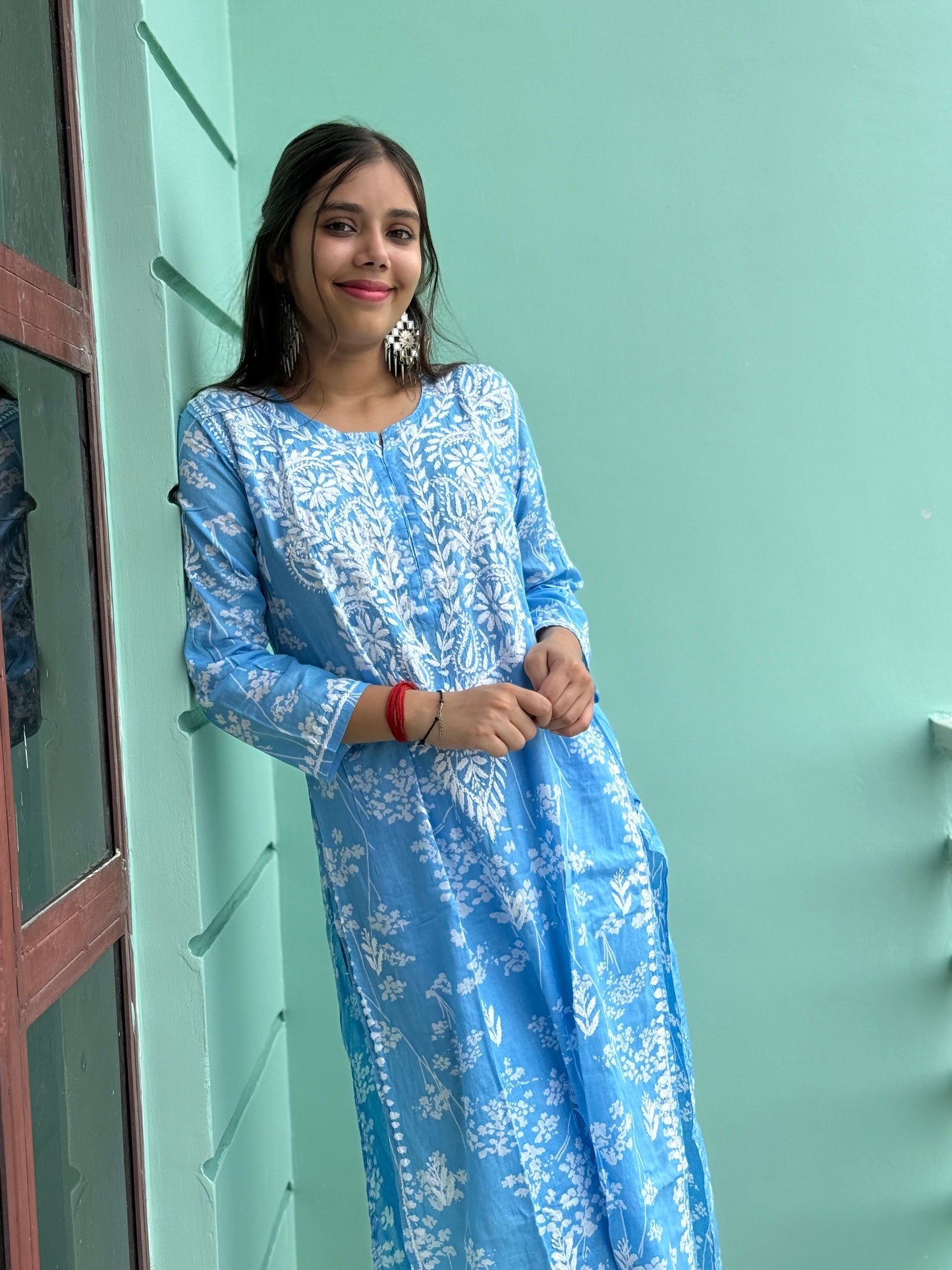 Blue and White Chikankari Malmal Co Ord Set