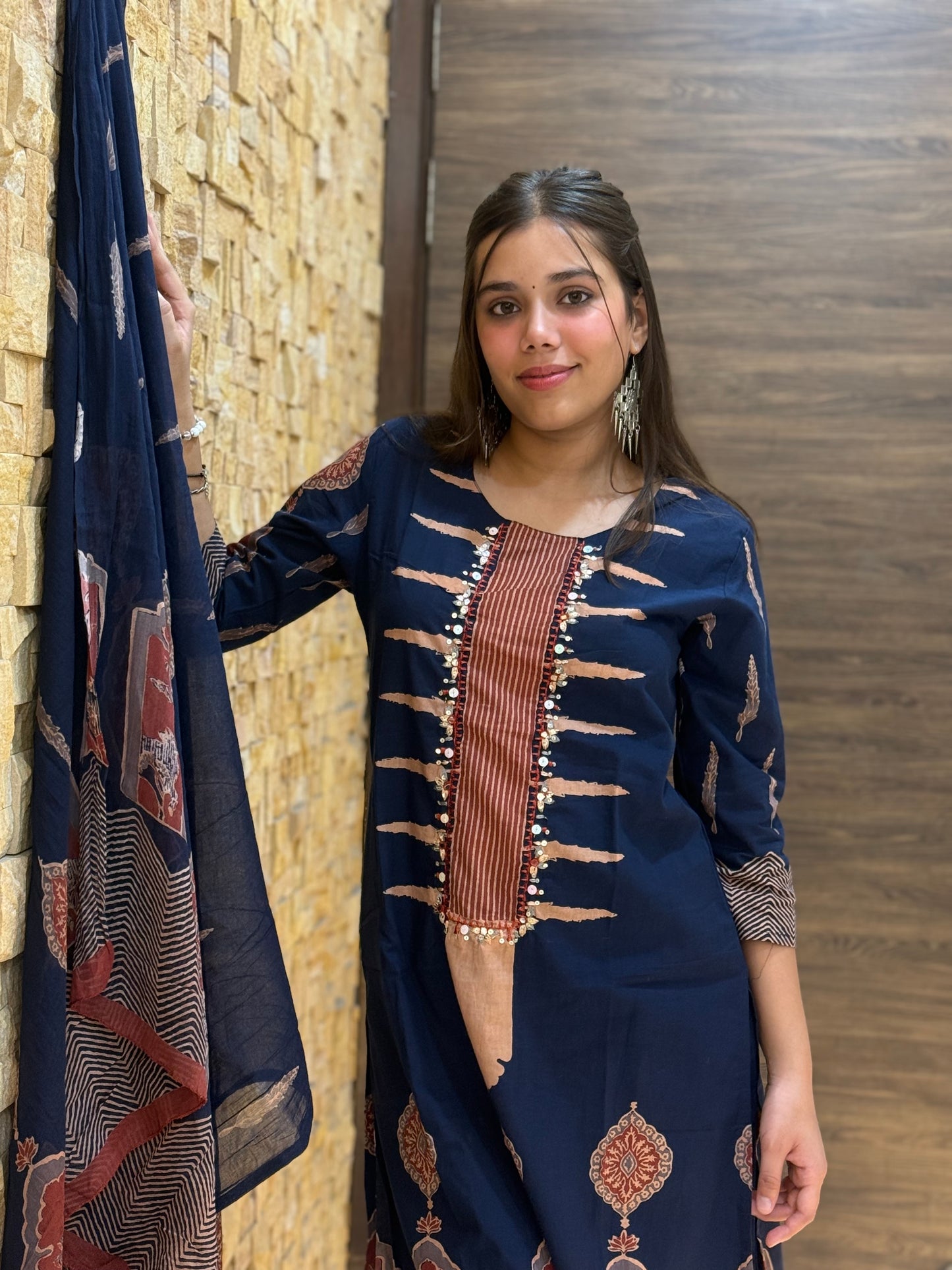 Blue Temple design Cotton Suit Set