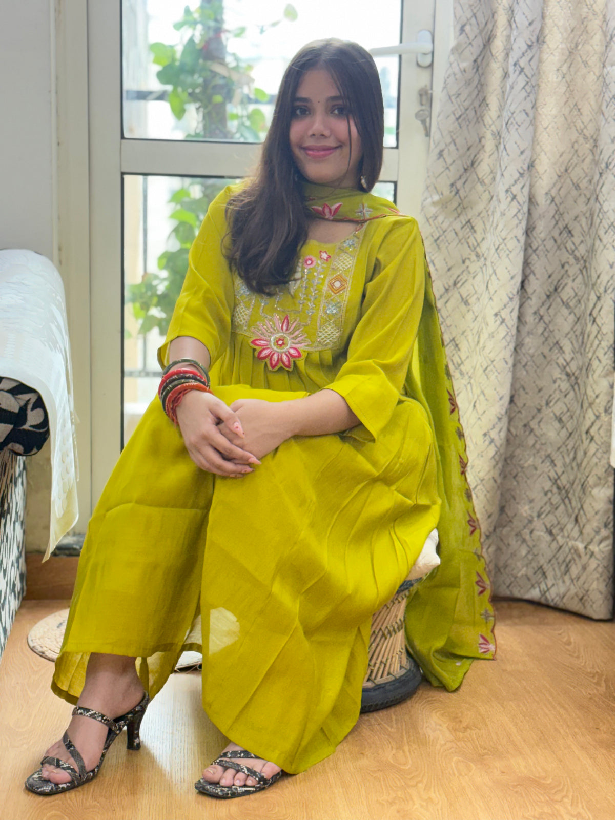 Green Mal Chanderi Aline Dupatta Suit Set