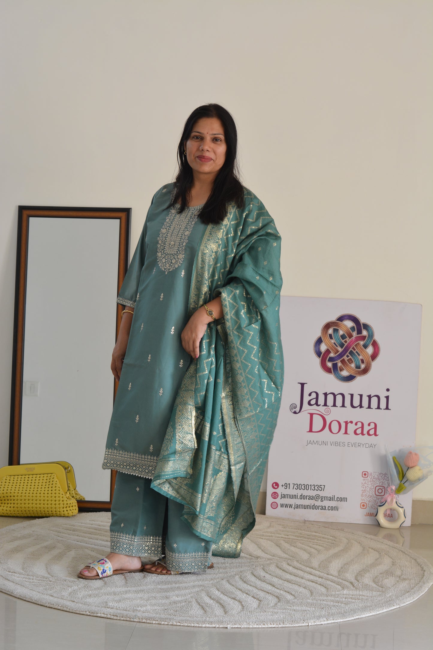 Blue Shimmer Silk Palazzo with Banarasi Dupatta Suit Set