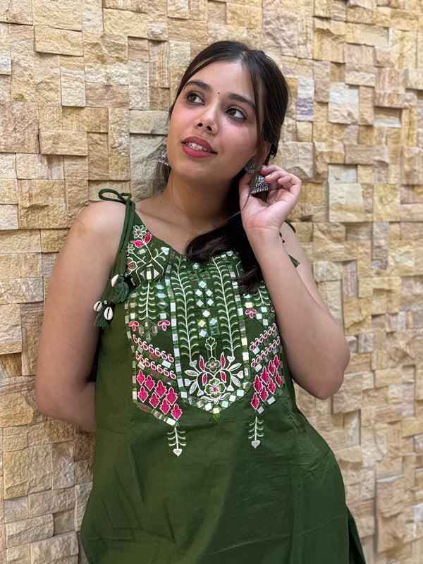 Green Cotton Embroidery with Tie Knot details Co Ord Set