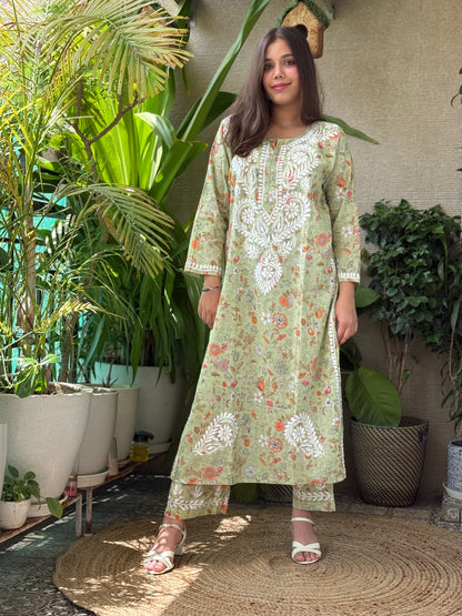 Green Chikankari Malmal Co Ord Set
