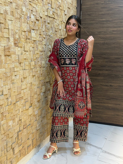 Maroon Ajrakh Cotton Suit Set