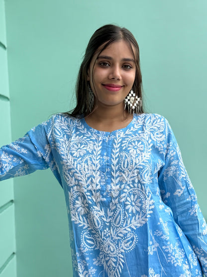 Blue and White Chikankari Malmal Co Ord Set