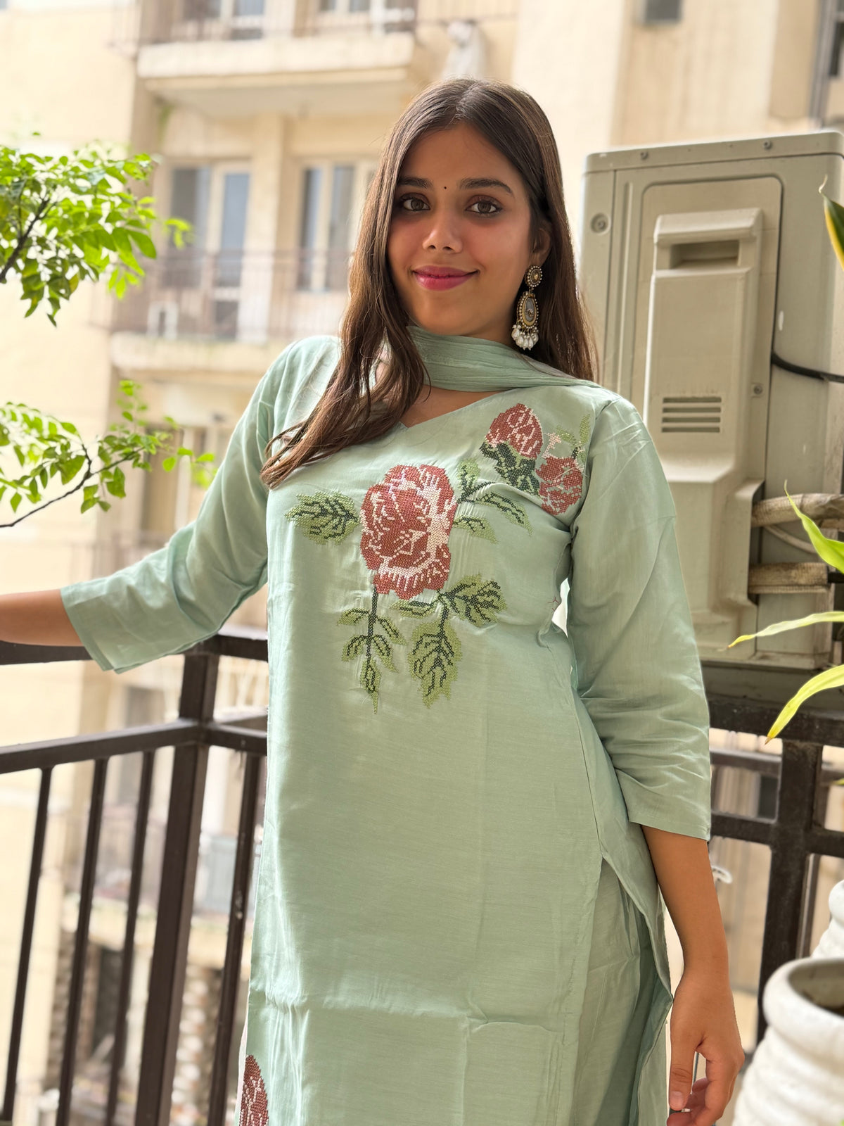 Sage Green Silk Sindhi Embroidery Dupatta Suit Set