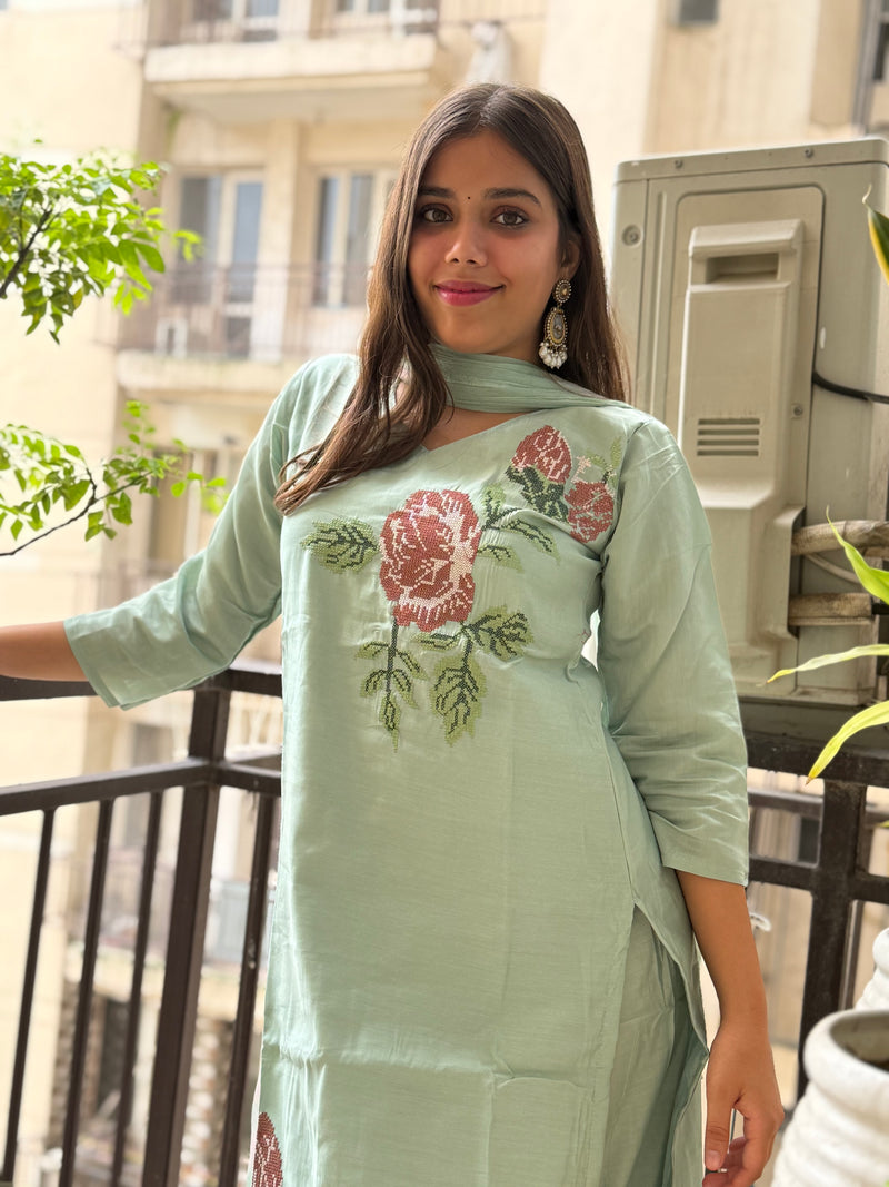 Sage Green Silk Sindhi Embroidery Dupatta Suit Set