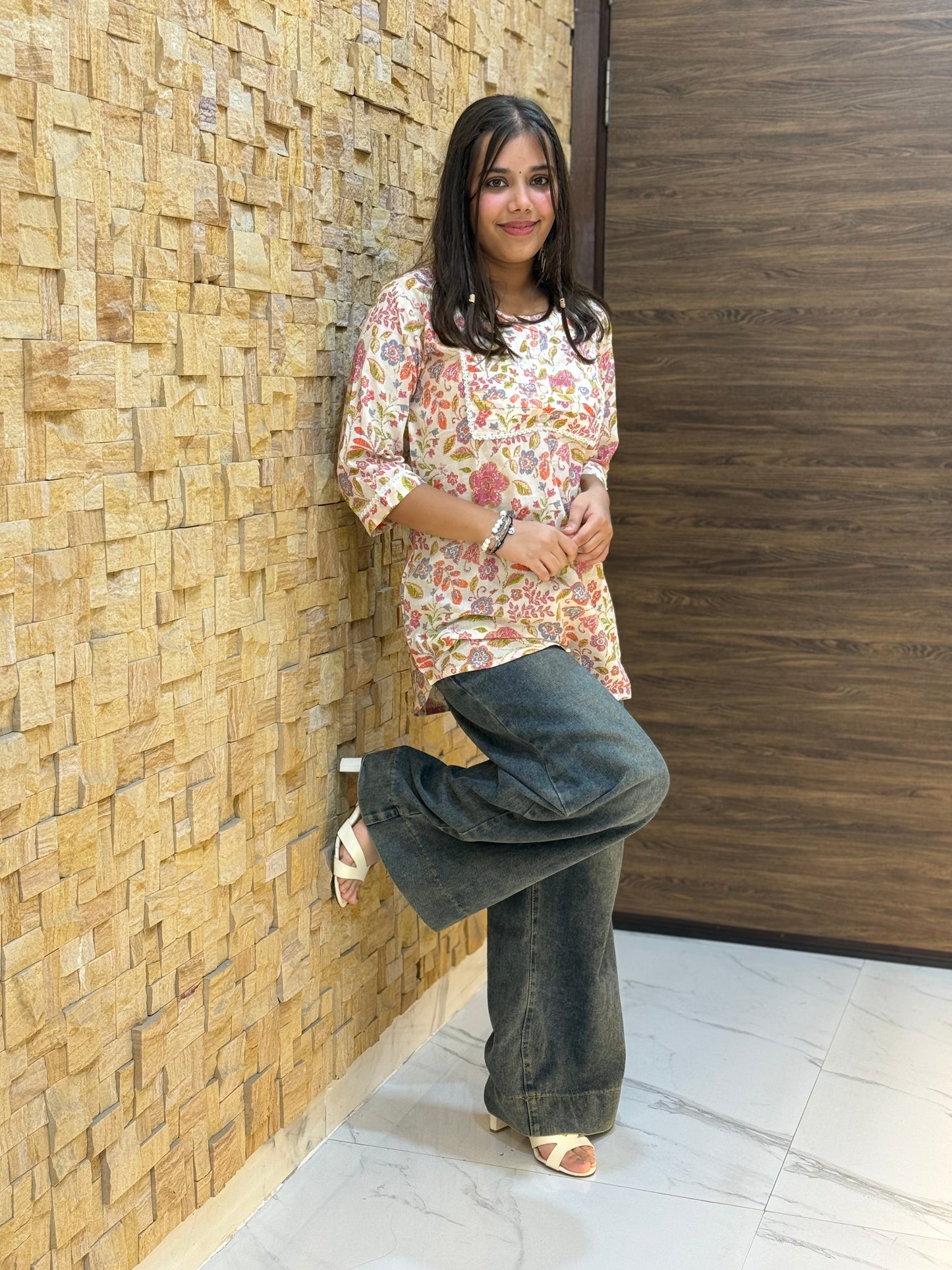 Cream multicolour floral Print Short Kurti