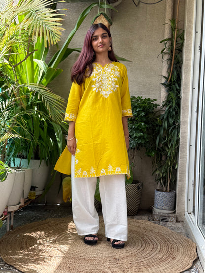 Yellow Cotton Embroidery Co Ord Set
