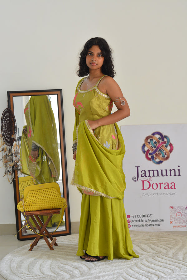Green Silk Sharara with Embroidery Suit Set