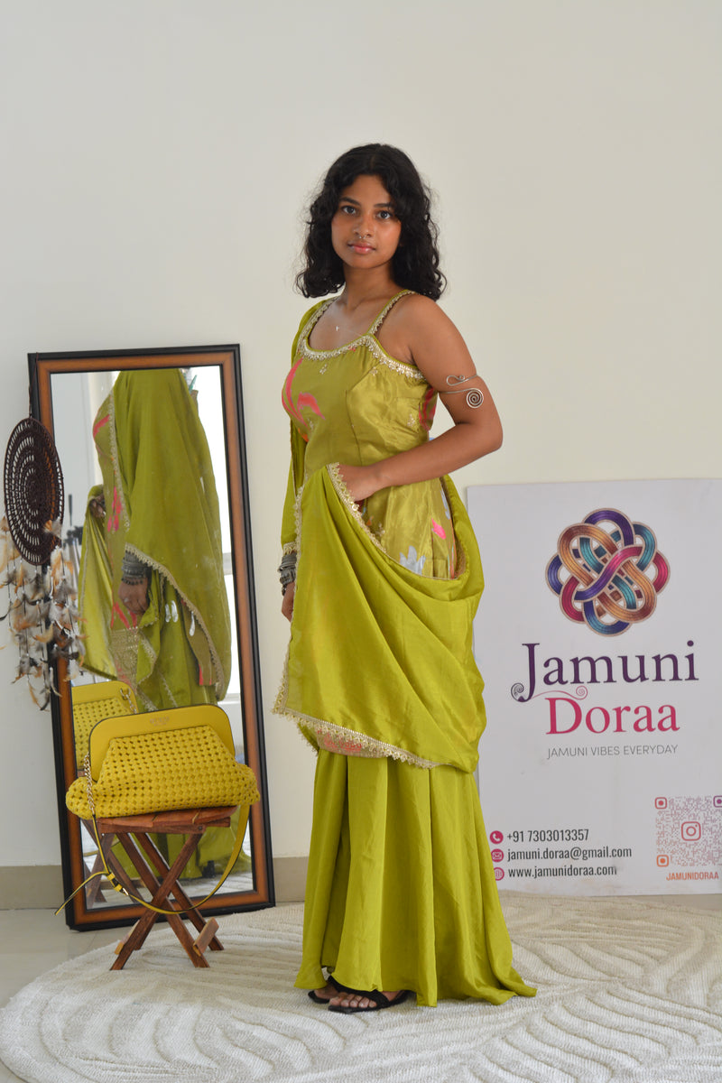 Green Silk Sharara with Embroidery Suit Set