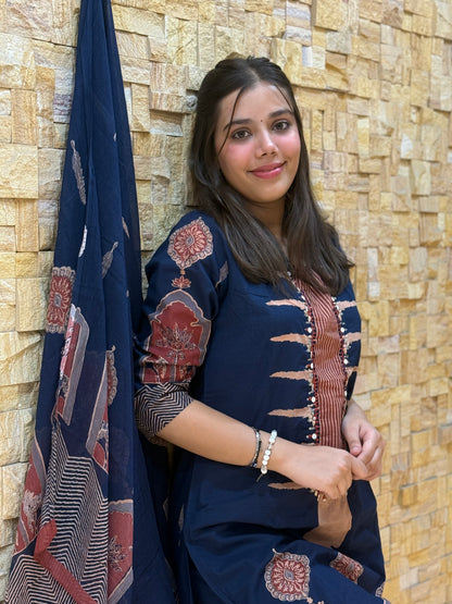 Blue Temple design Cotton Suit Set