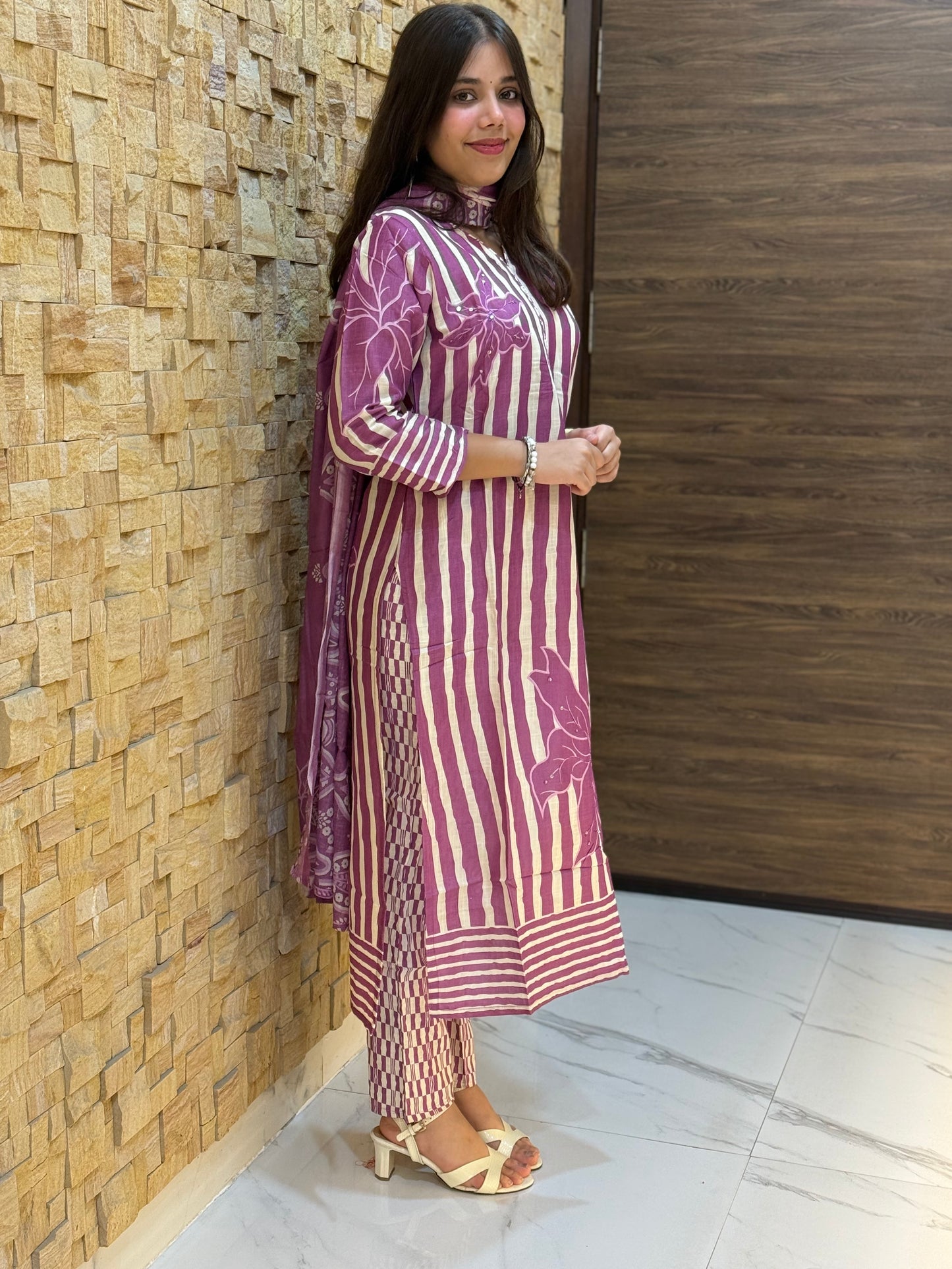 Purple Stripes Digital Print Cotton Suit Set