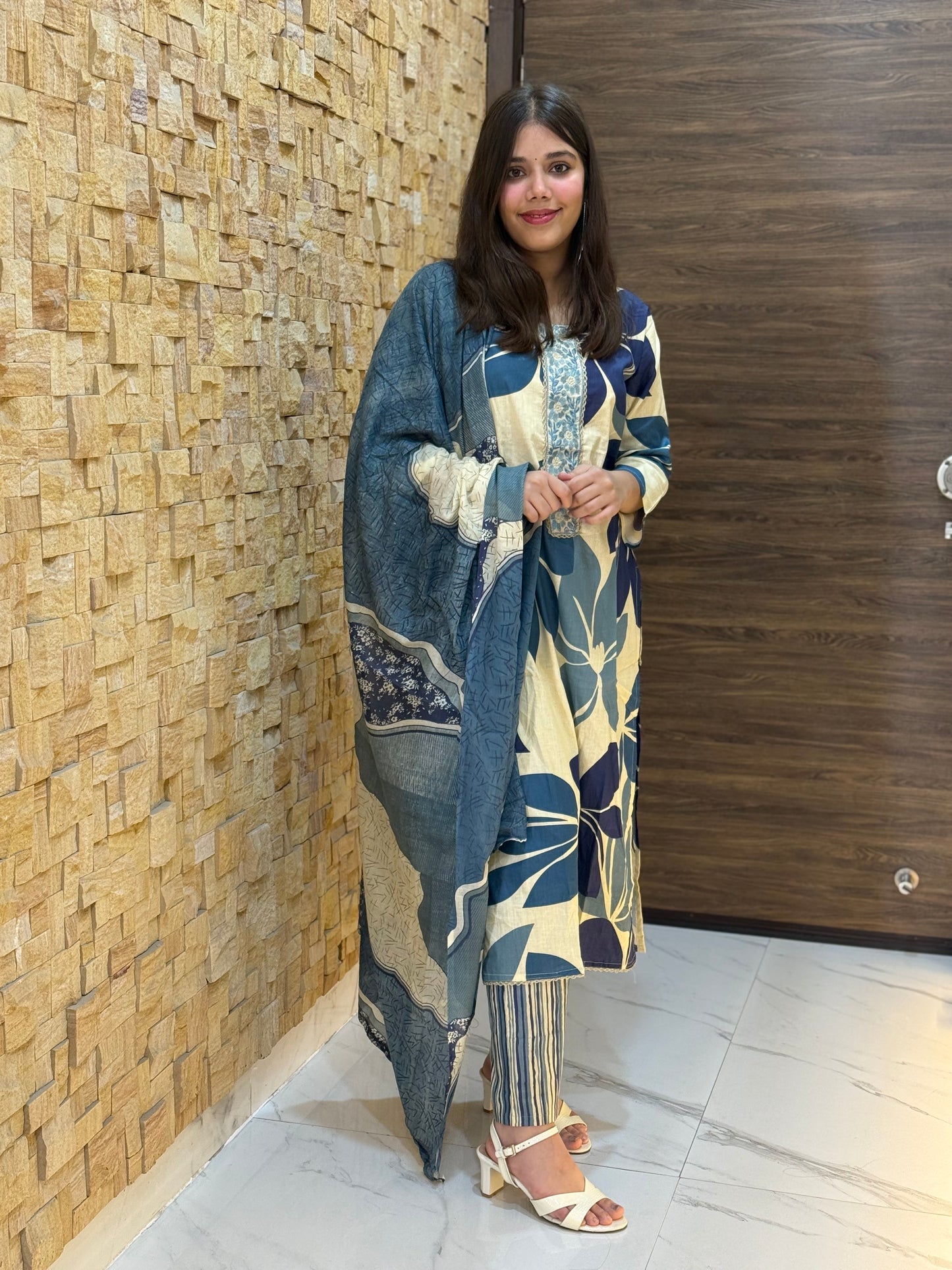 Beige and Blue Flower Print Cotton Suit Set