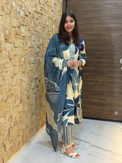 Beige and Blue Flower Print Cotton Suit Set