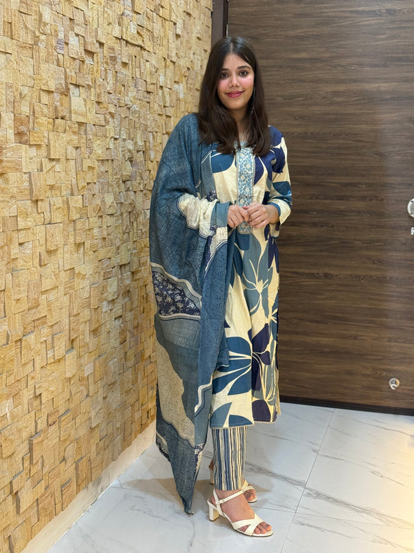 Beige and Blue Flower Print Cotton Suit Set
