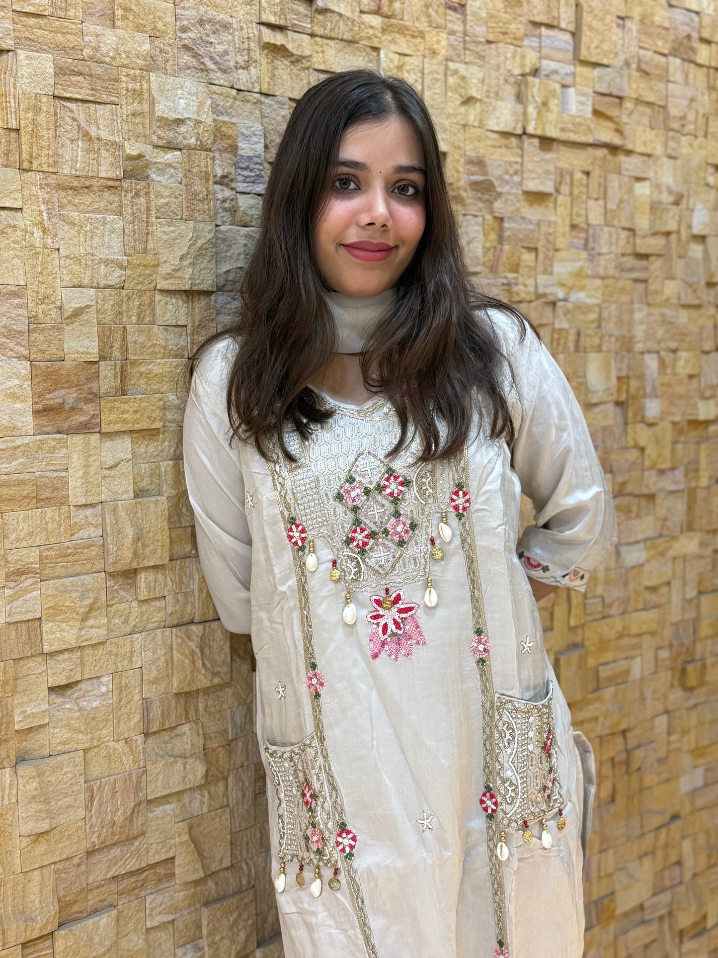 Beige Dola Silk with Pockets and Dupatta Suit Set