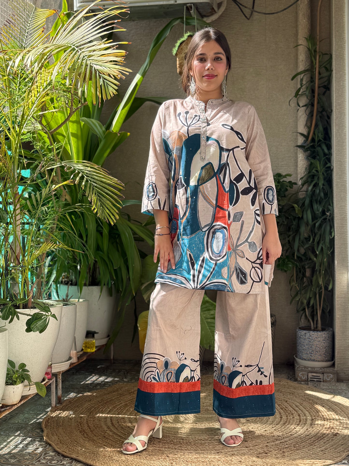 Beige digital print Cotton Co Ord Set