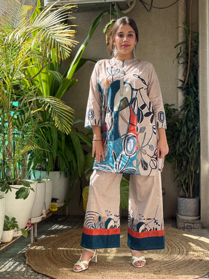 Beige digital print Cotton Co Ord Set