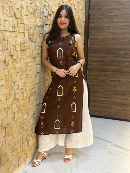 Chocolate Brown Sleeveless Cotton Kurti with Tie-Up Tassels
