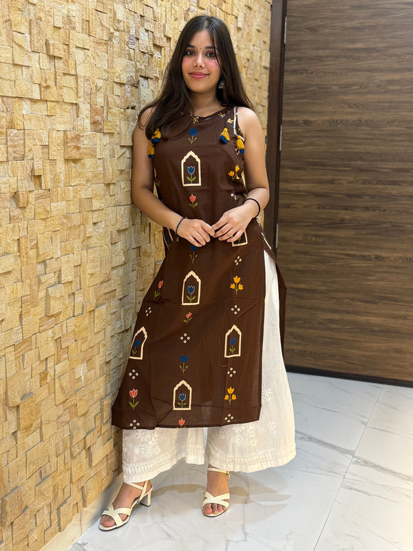 Chocolate Brown Sleeveless Cotton Kurti with Tie-Up Tassels