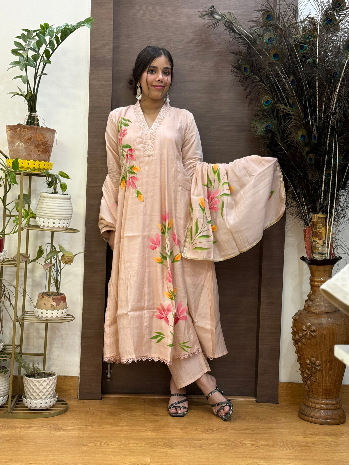 Dusty Pink Mal Chanderi Hand Painted Aline Dupatta Suit Set