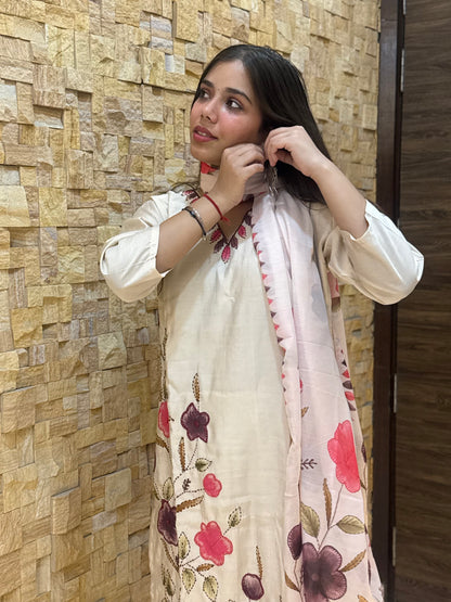 Beige Kantha Embroidery Silk with Dupatta Suit Set