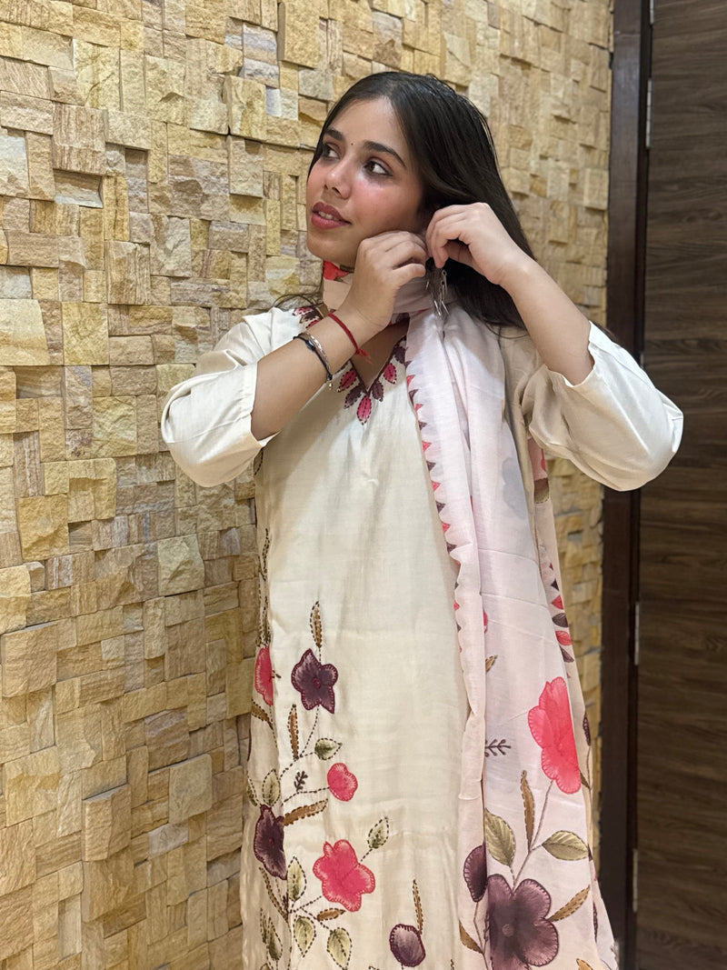 Beige Kantha Embroidery Silk with Dupatta Suit Set