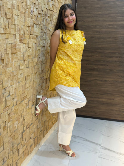 Yellow geometric Print with Tie-knot details Short Kurti