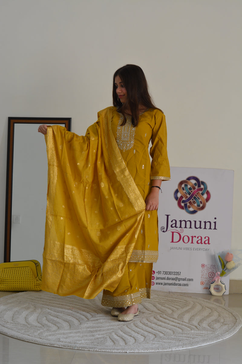 Mustard Shimmer Silk Palazzo with Banarasi Dupatta Suit Set
