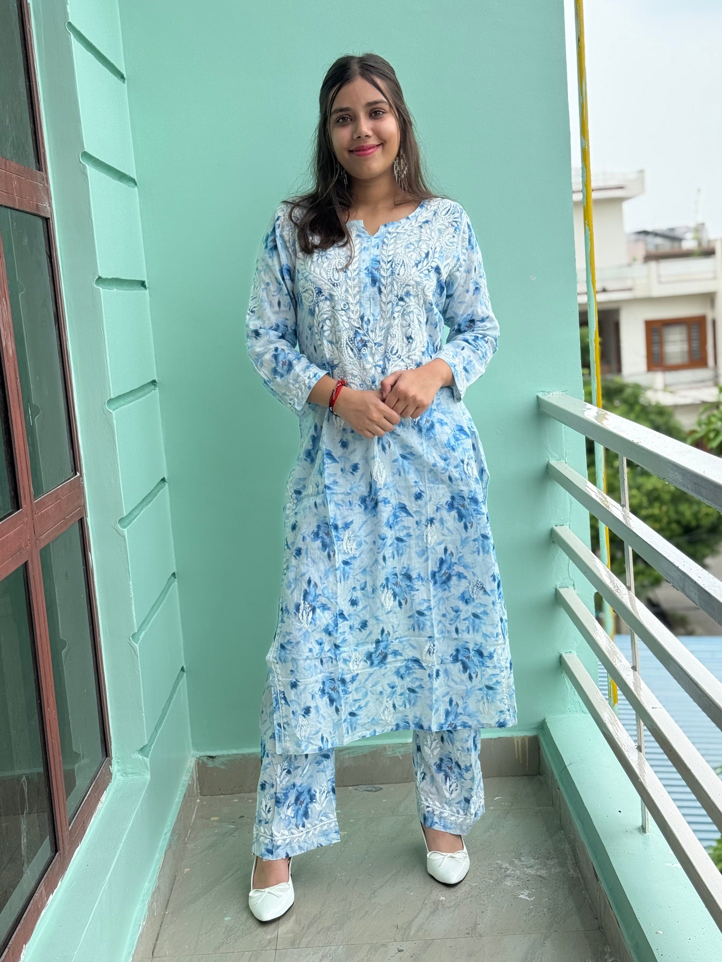 Sky Blue Chikankari Malmal Co Ord Set