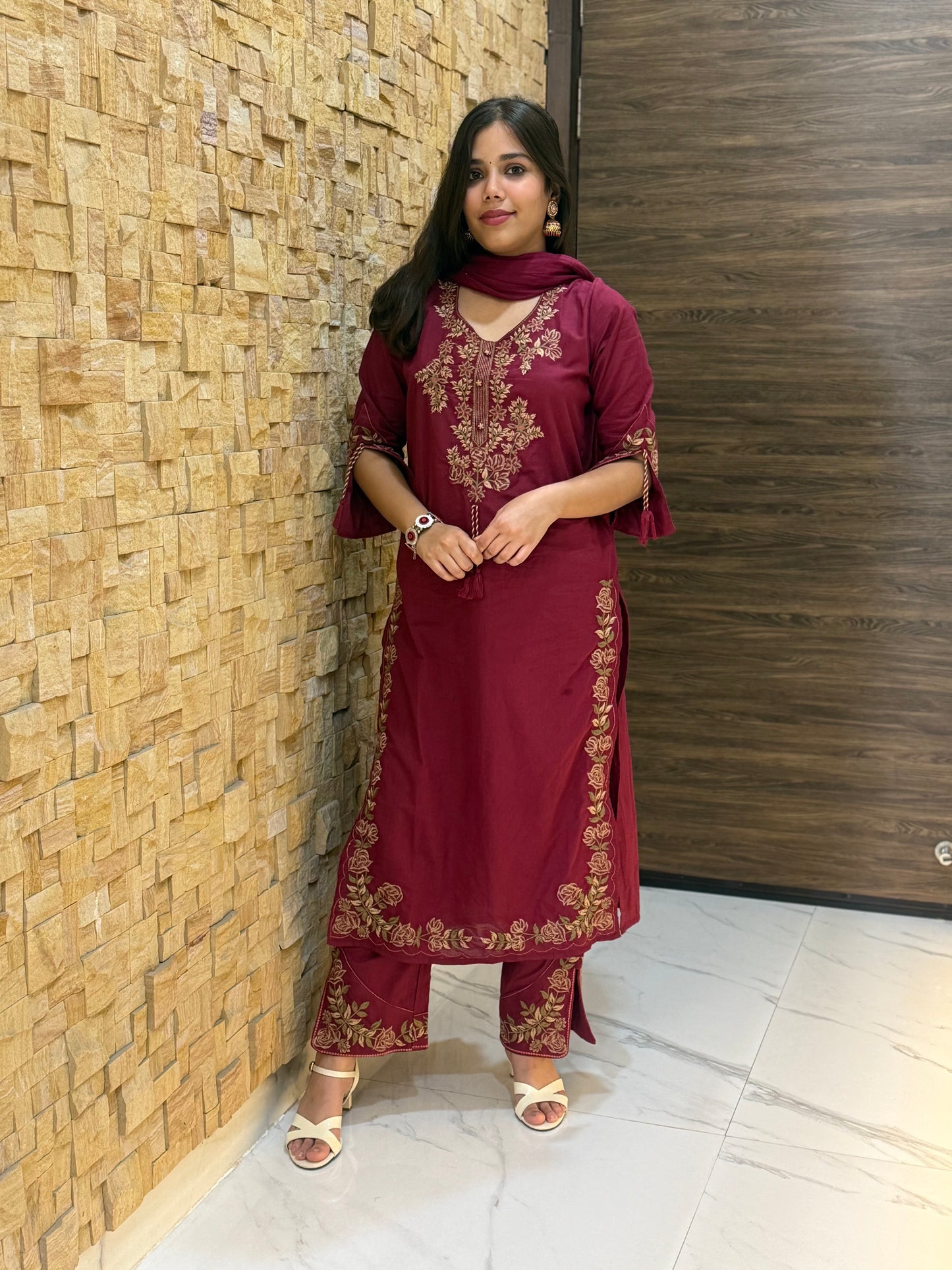 Maroon Pure Cotton Embroidery with Mal Dupatta Suit Set
