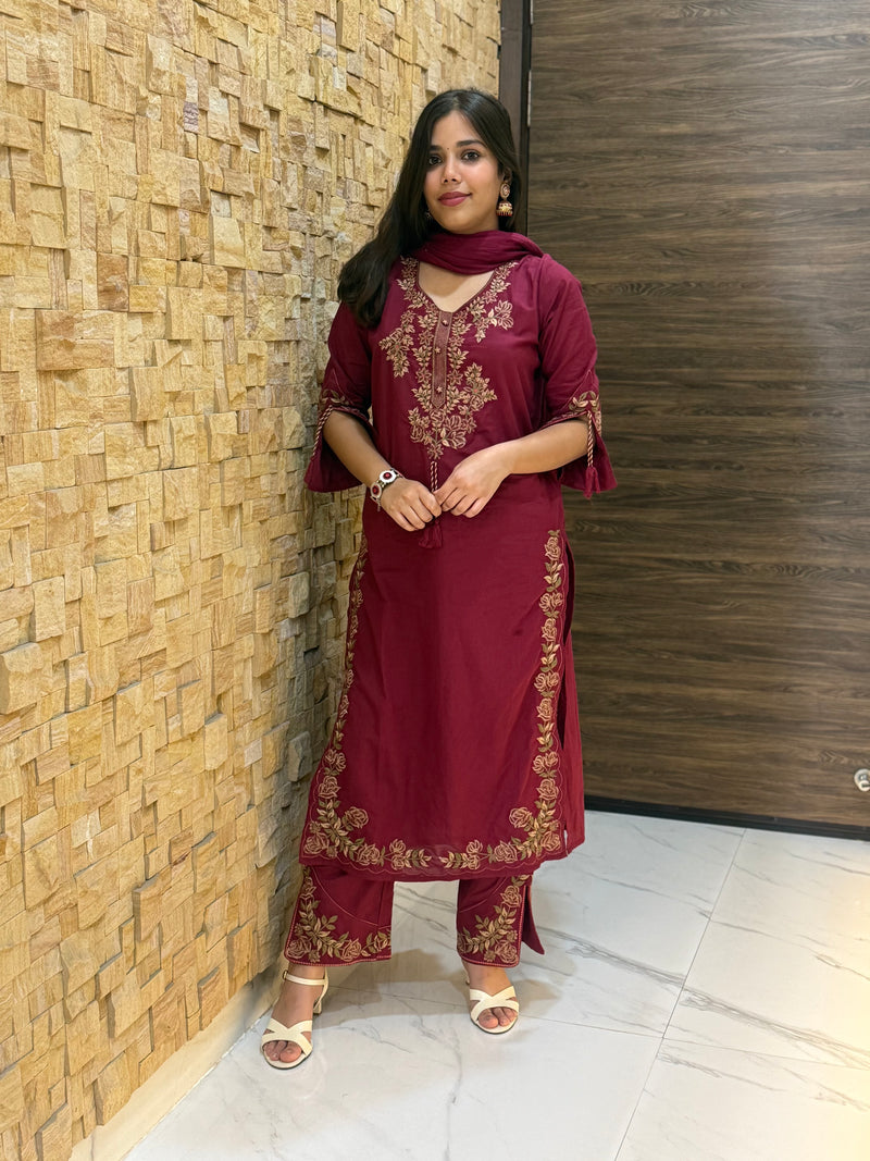 Maroon Pure Cotton Embroidery with Mal Dupatta Suit Set