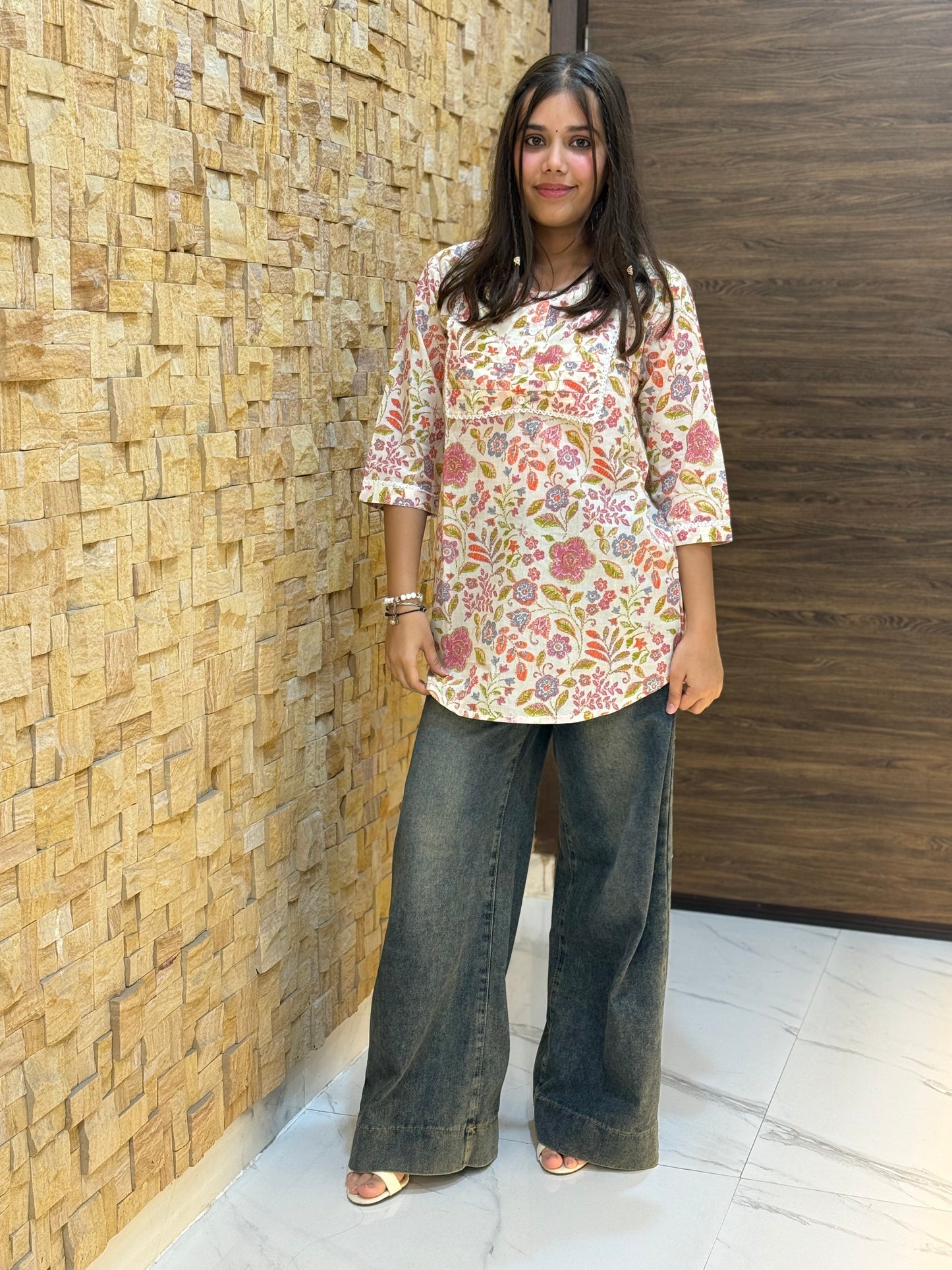 Cream multicolour floral Print Short Kurti