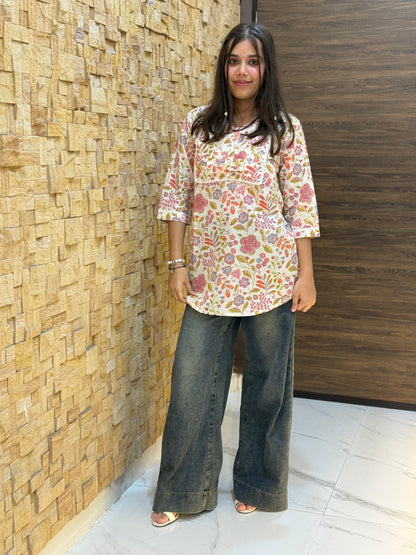 Cream multicolour floral Print Short Kurti