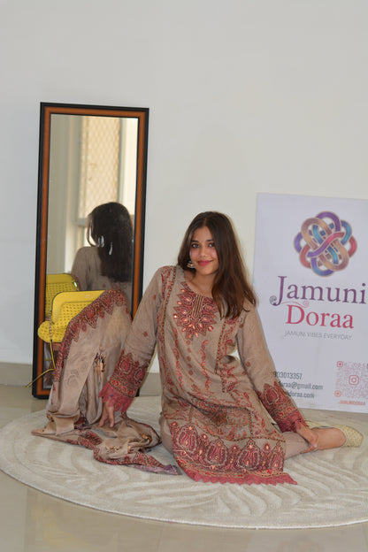 Dark Beige Dola Silk Pakistani Style Suit Set